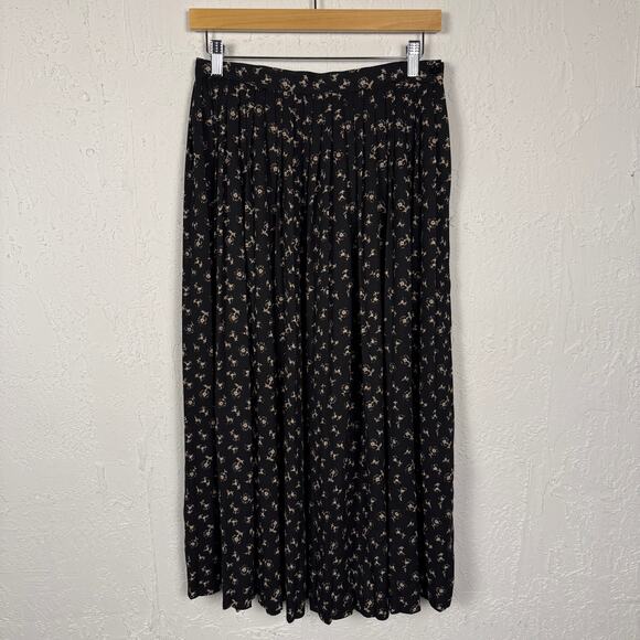 Vintage 80s Talbots Black Floral Pleated Maxi Skirt Talon Zipper Flower 10 - Picture 1 of 6
